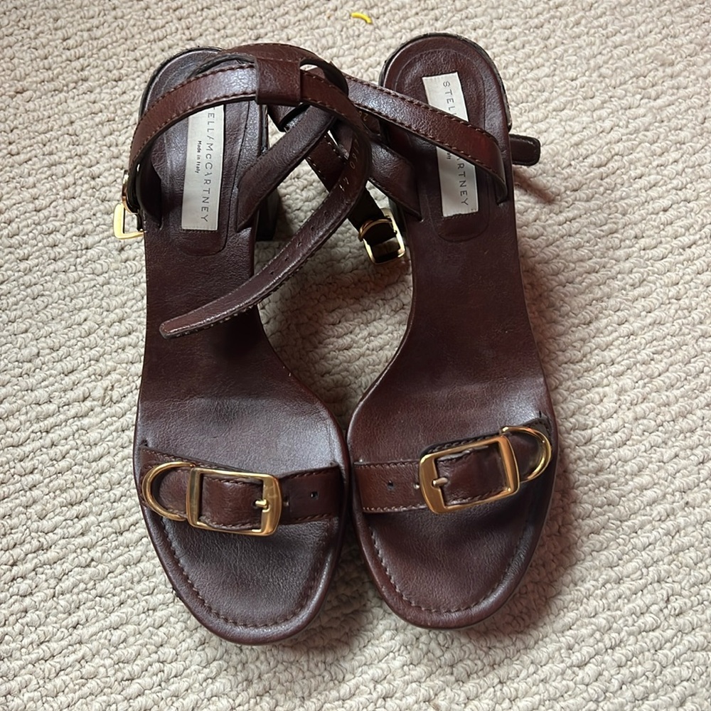 Stella McCartney Dark Brown Leather Buckle Sandals with Gold Hardware